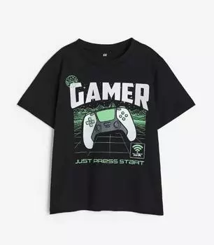 Футболка с принтом хлопковая H&M Gamer Cotton, черный