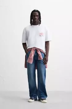 Футболка с принтом и карманом ZARA, устрично-белый