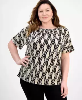 Футболка с принтом и сборками больших размеров JM Collection, коричневый/бежевый