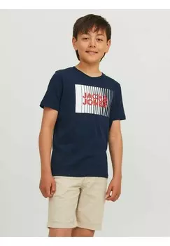 Футболка с принтом JJECORP LOGO PLAY O NECK Jack & Jones, темно-синий