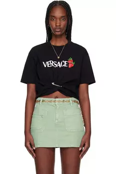 Футболка с принтом "клубничная садовая булавка" Crop Versace, черный
