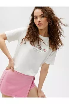 Футболка с принтом, круглый вырез, короткий рукав, хлопок Koton, экрю
