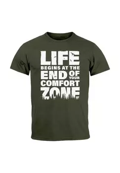 Футболка с принтом LIFE BEGINS AT THE END OF YOUR COMFORT ZONE ZITAT QUOTE OUTDOOR SURVIVAL FASHION STREETSTYLE Neverless, зеленый