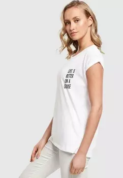 Футболка с принтом LIFE IS BETTER EXTENDED SHOULDER Merchcode, белый