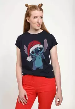 Футболка с принтом LILO & STITCH STITCH WEARING SANTA HAT Henry Tiger, темно-синий
