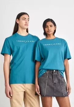 Футболка с принтом LINEAR LOGO TEE UNISEX Tommy Jeans, цвет timeless teal