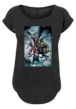 Футболка с принтом MARVEL AVENGERS ASSEMBLE TEAM MONTAGE PREMIUM SUPERHELDEN IRON F4NT4STIC, черный