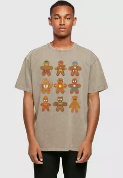 Футболка с принтом MARVEL UNIVERSE CHRISTMAS GINGERBREAD AVENGERS ACID WASHED ABSOLUTE CULT, коричневый