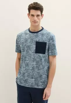 Футболка с принтом MIT ALLOVER TOM TAILOR, цвет navy spacedye leaf design