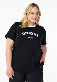 Футболка с принтом MIT TEXTDRUCK UND KONTRASTBESATZ Zizzi, черный