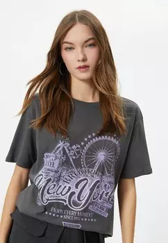 Футболка с принтом NEW YORK PRINTED SHORT SLEEVE CREW NECK Koton, серый