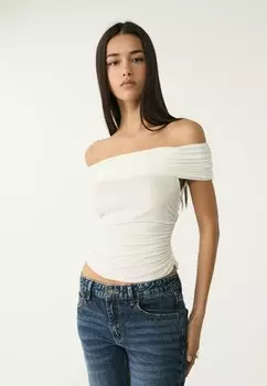 Футболка с принтом OFF THE SHOULDER Stradivarius, бежевый