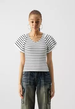 Футболка с принтом ONLLEELO STRIPE BACK V NECK ONLY, цвет eggnog/black
