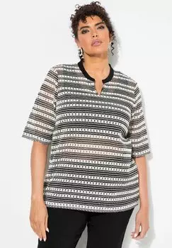 Футболка с принтом OPENWORK STRIPED SHORT SLEEVE SPLIT NECK Ulla Popken, черный