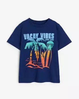 Футболка с принтом отпуск хлопковая H&M Vacay Vibes Cotton, темно-синий