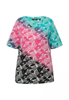 Футболка с принтом PALM V-NECK SHORT SLEEVE TEE Ulla Popken, светло-розовый