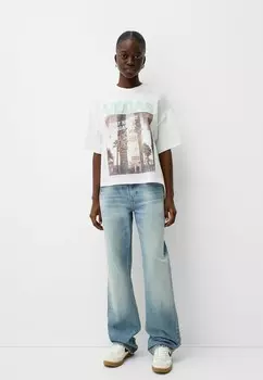 Футболка с принтом PRINTED OVERSIZE Bershka, бежевый