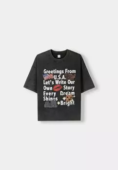 Футболка с принтом PRINTED OVERSIZE Bershka, серый
