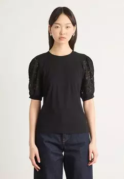 Футболка с принтом PUFF SLEEVE CREW NECK TEE DKNY, черный