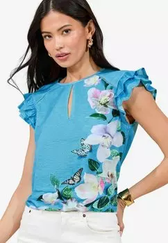 Футболка с принтом REGULAR FIT-PRINTED KEYHOLE DETAIL Lipsy, синий