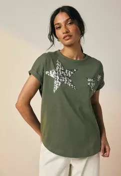Футболка с принтом REGULAR FIT - SPARKLE SEQUIN STAR Next, хаки