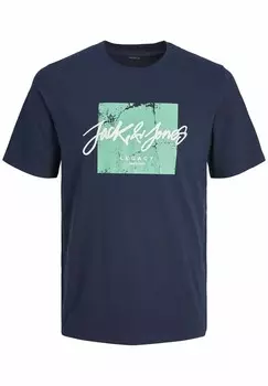 Футболка с принтом RUNDHALS Jack & Jones, темно-синий