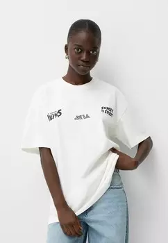 Футболка с принтом SHORT SLEEVE Bershka, бежевый