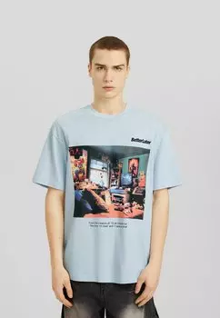 Футболка с принтом Short Sleeve Boxy Bershka, цвет light blue