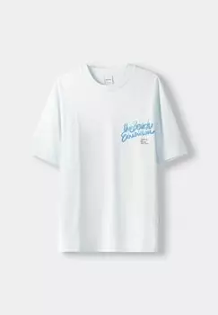 Футболка с принтом Short Sleeve Boxy Bershka, темно-синяя