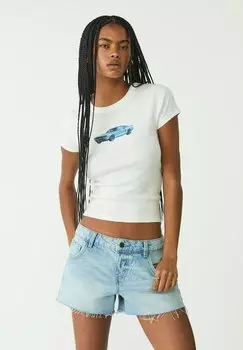 Футболка с принтом SHORT SLEEVE WITH PLACEMENT Stradivarius, светло-голубой