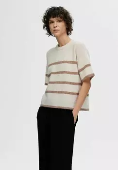 Футболка с принтом SLFMALINE-LILIANA 2/4 O-NECK NOOS Selected Femme, бежевый