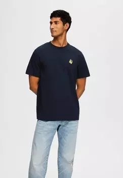 Футболка с принтом SLHGARLAND O NECK TEE Selected Homme, темно-синий