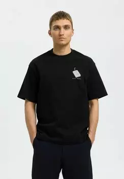 Футболка с принтом SLHRELAXKAI O NECK Selected Homme, черный