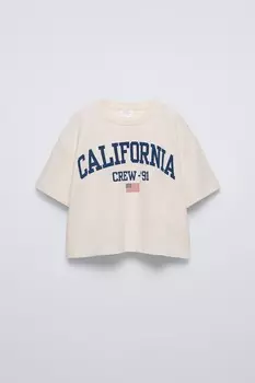 Футболка с принтом слогана ZARA, экрю