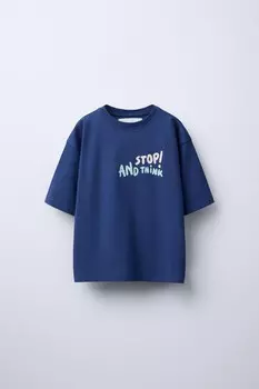 Футболка с принтом слогана ZARA, синий