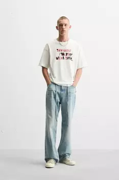 Футболка с принтом слогана ZARA, устрично-белый