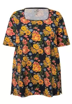 Футболка с принтом SQUARE NECK SHORT SLEEVE FLORAL Ulla Popken, темно-синий