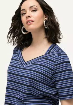Футболка с принтом STRIPE SHORT SLEEVE V-NECK TEE Ulla Popken, синий