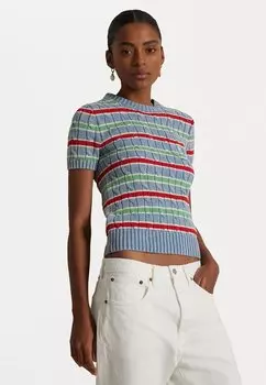 Футболка с принтом STRIPED CABLE-KNIT SHORT-SLEEVE SWEATER Polo Ralph Lauren, синий