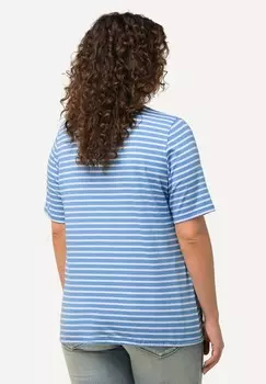 Футболка с принтом STRIPED DRAWSTRING HEM SHORT SLEEVE TEE Ulla Popken, светло-голубой