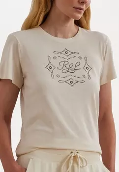 Футболка с принтом STUDDED LOGO COTTON BLEND JERSEY TEE Ralph Lauren, кремовый