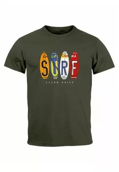 Футболка с принтом SURFBOARDS CALIFORNIA SURFING OCEAN DRIVE S Neverless, зеленый