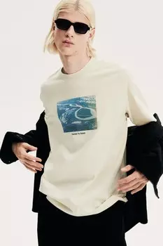 Футболка с принтом свободного кроя H&M, бежевый