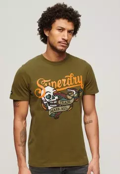 Футболка с принтом TATTOO SCRIPT Superdry, цвет fir green
