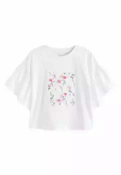 Футболка с принтом Textured Floral Applique Frill Sleeve Regular Fit Next, белый