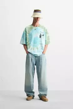 Футболка с принтом tie-dye ZARA, тай-дай бирюзовый