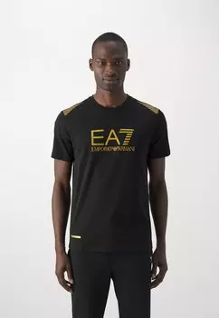 Футболка с принтом Train Lines Tee EA7 Emporio Armani, цвет black/gold-coloured