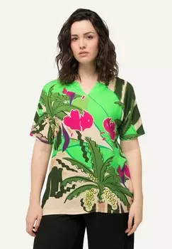 Футболка с принтом TROPICAL LEAF PRINT SPLIT NECK Ulla Popken, зеленый
