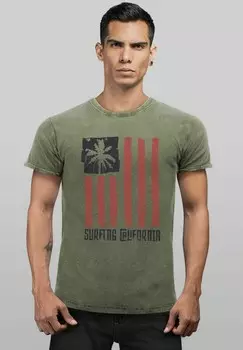 Футболка с принтом VINTAGE USA SURFING CALIFORNIA FLAGGE SURF DESIGN R Neverless, оливковый