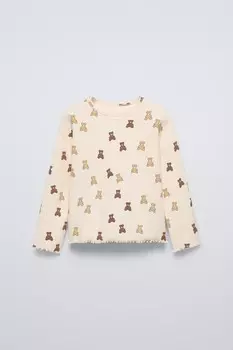 Футболка с принтом в рубчик ZARA, экрю/бежевый